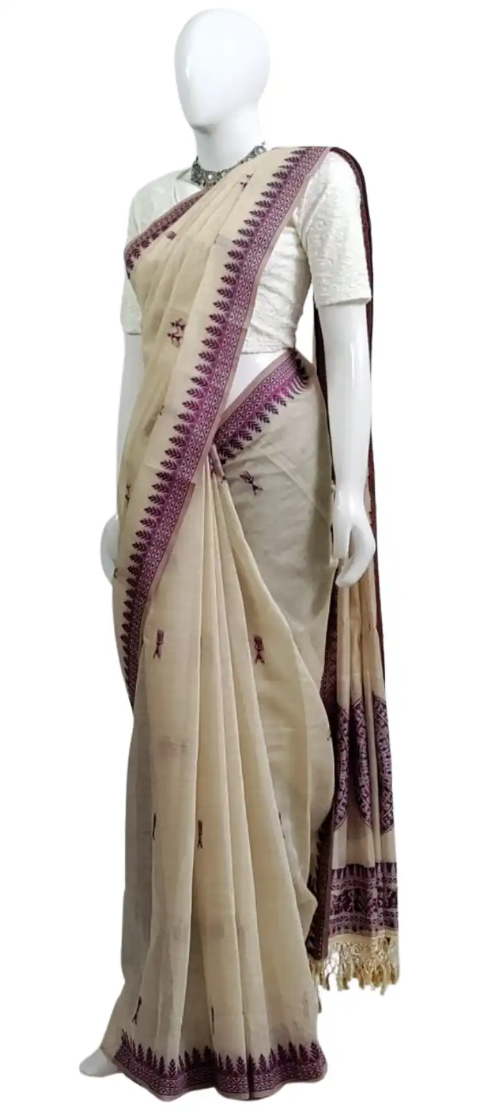 Saura Art Cotton Saree Beige Purple Mandala Medallion view 2