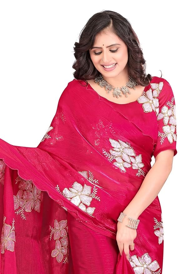 Buy Online Pink Georgette Embroidery Work Saree With Blouse Piece view 2