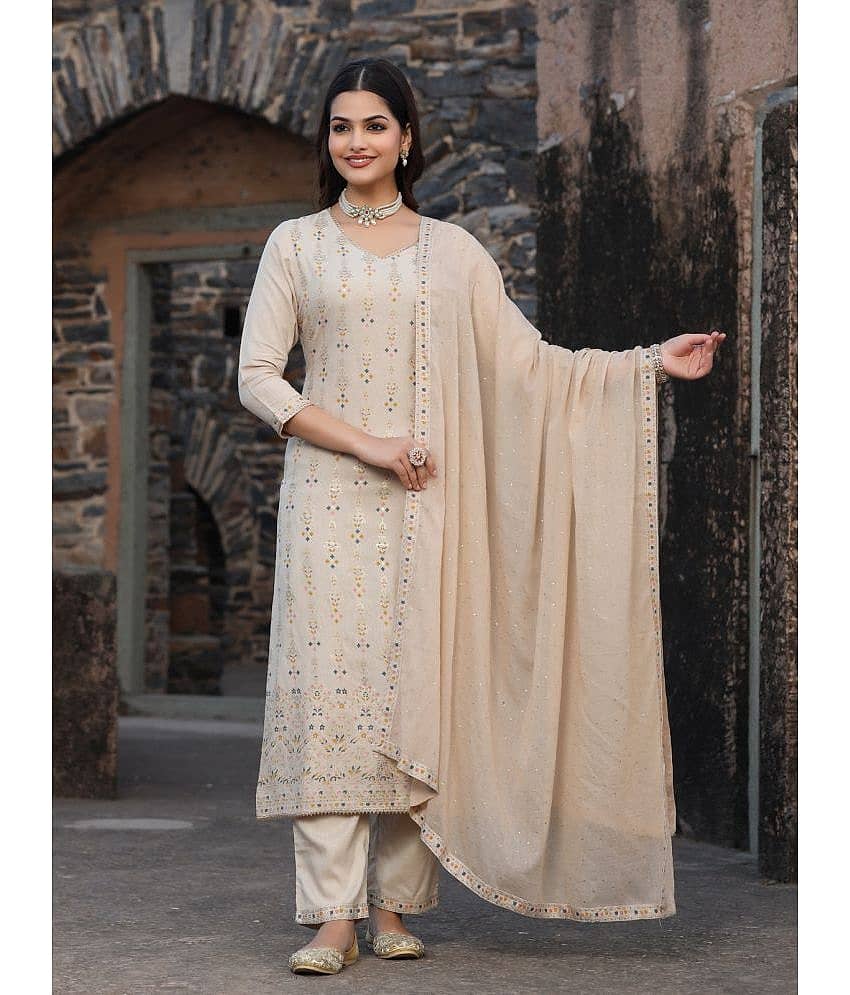 AMIRA'S INDIAN ETHNICWEAR Rayon Printed Kurti With Pants Women's Stitched Salwar Suit - Beige ( Pack of 3 )