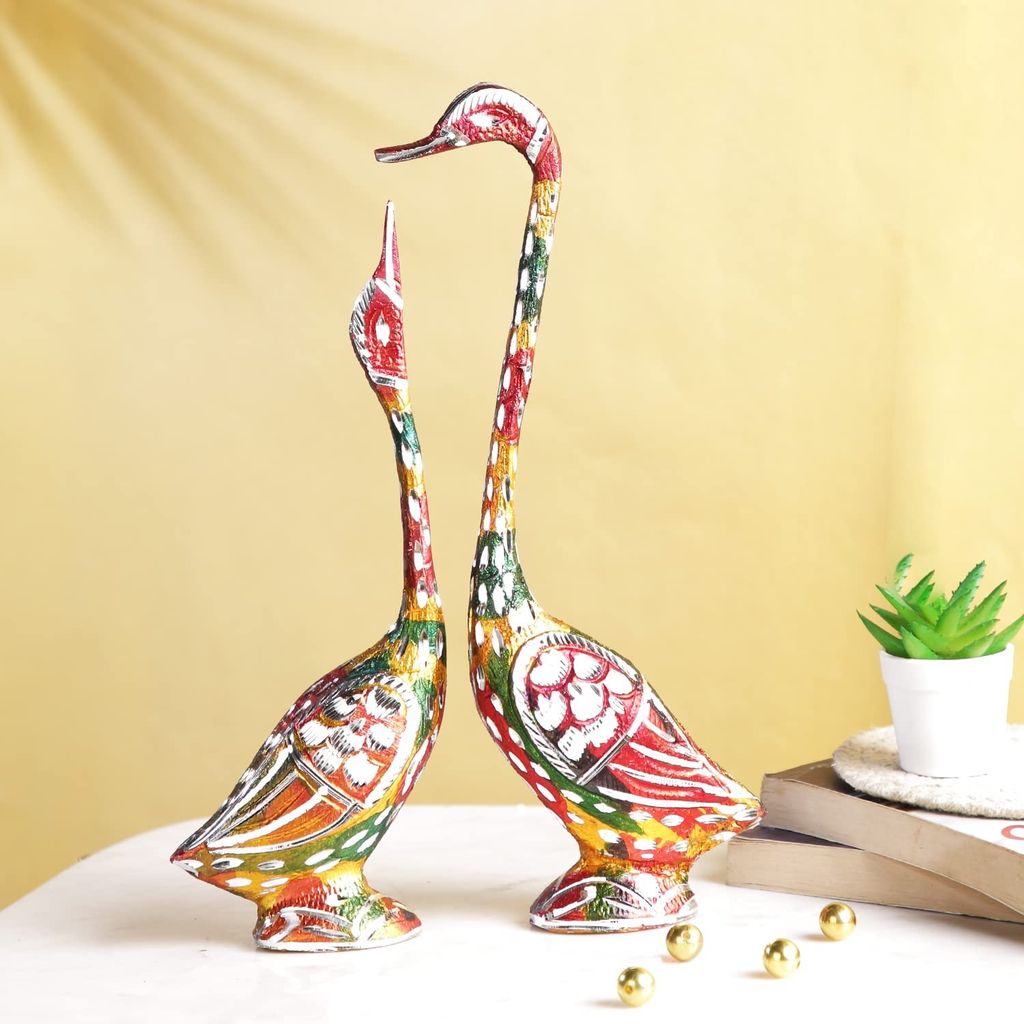 Bharat Saini Art ; Pair of Kissing Duck Showpiece Swan Love Birds Couple Statue Set Metal Bird Pair (Male - Female) Romantic Feng Shui Idol Wedding Gift & HomE view 2