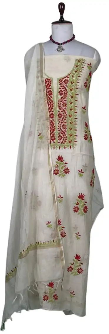 Chikankari Mul Chanderi Dress Material Ivory Red Green