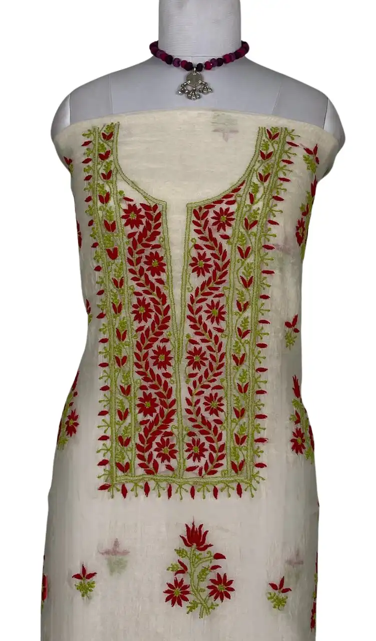 Chikankari Mul Chanderi Dress Material Ivory Red Green view 2