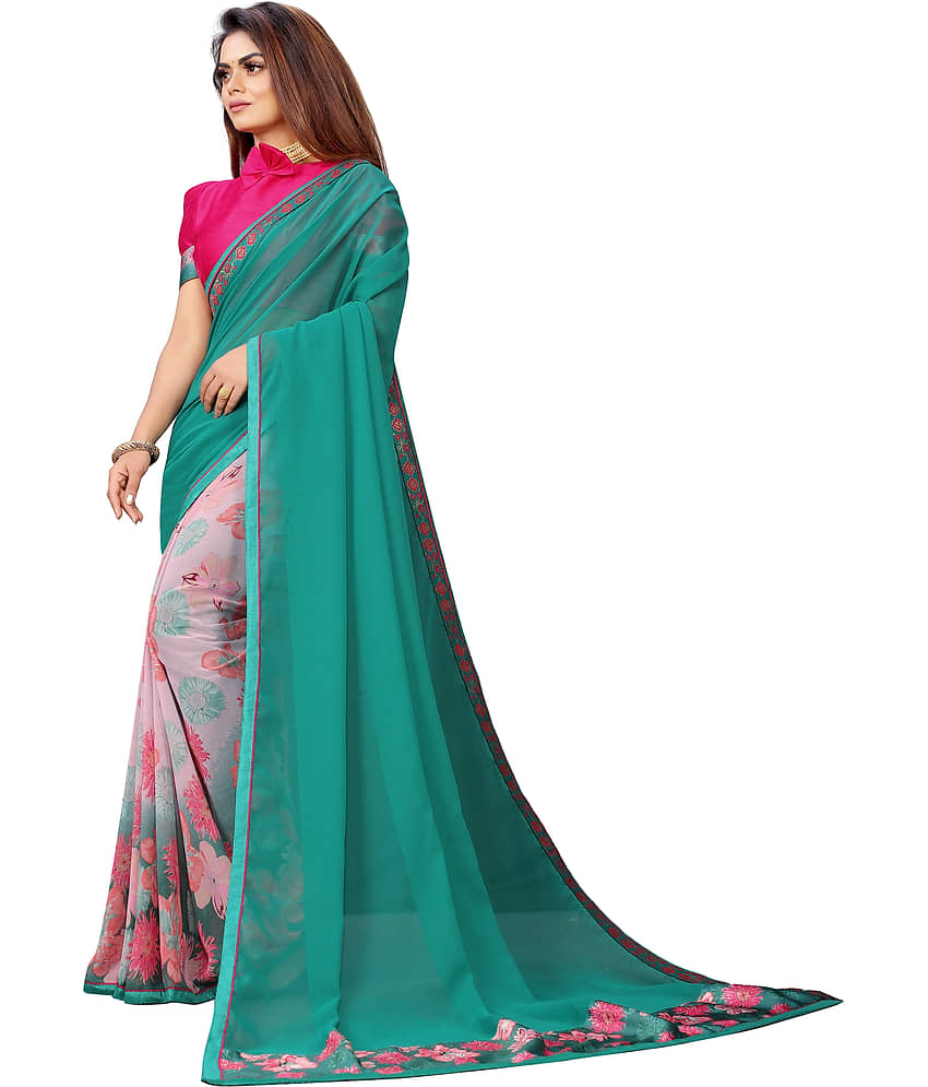 VEDANT VASTRAM Georgette Printed Saree With Unstitched Blouse Piece ( Rama ) view 2