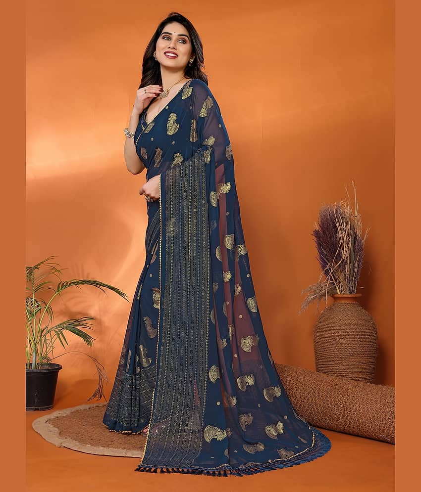 VEDANT VASTRAM Georgette Self Design Saree With Unstitched Blouse Piece ( Green ) view 2