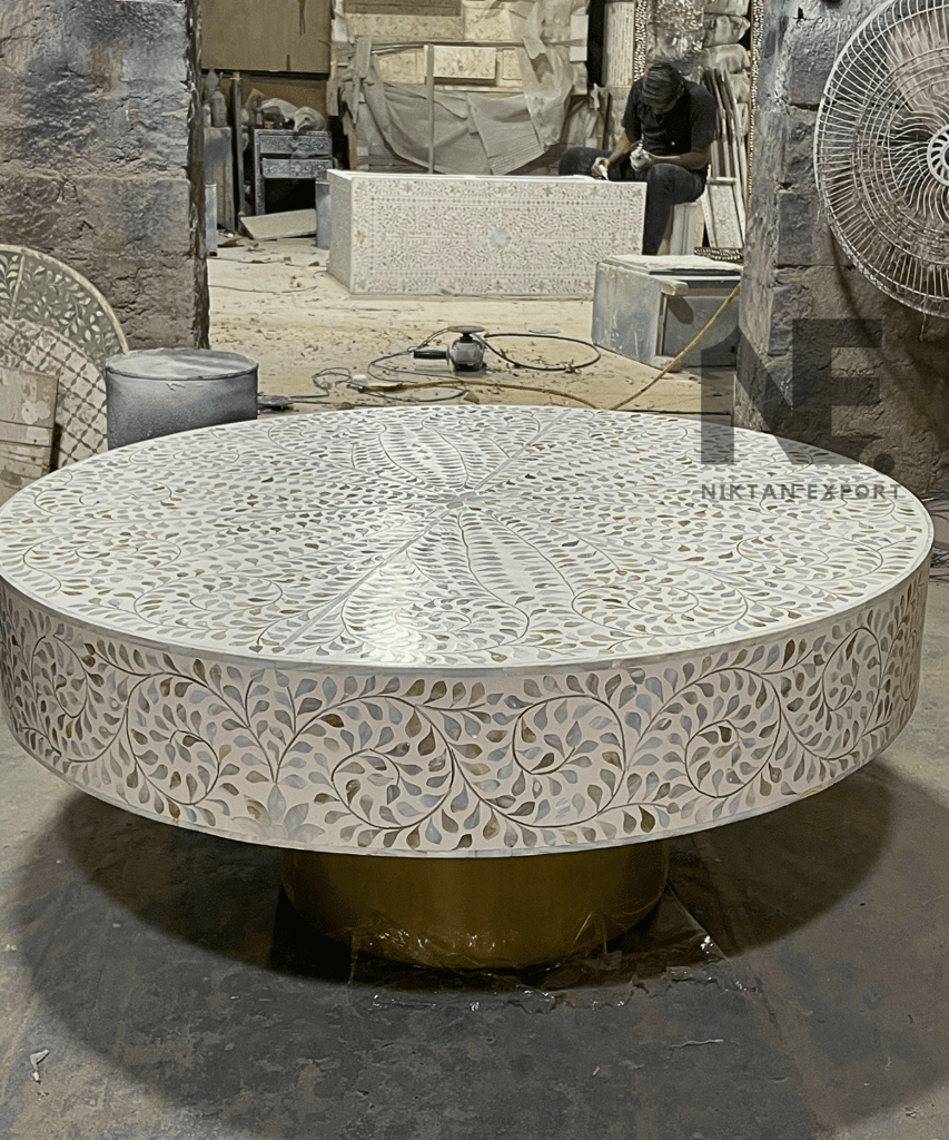 White Floral Mother of Pearl Round Coffee Table with Brass Leg – Handcrafted Luxury Center Table