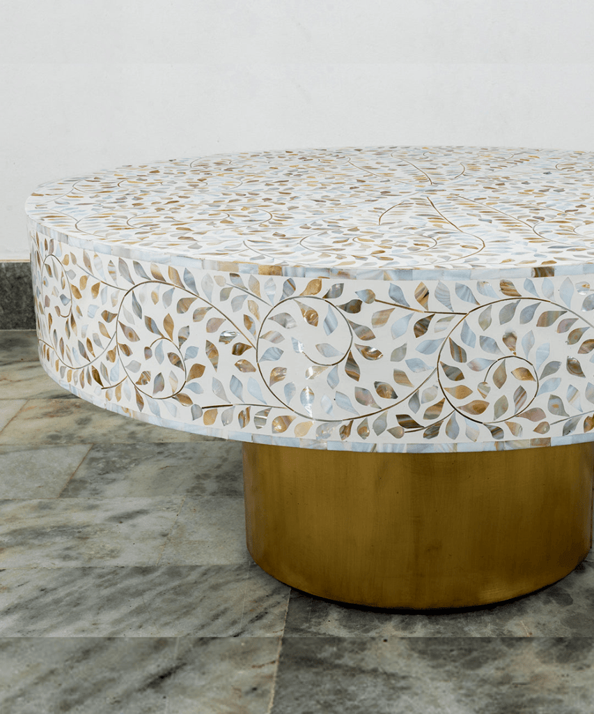 White Floral Mother of Pearl Round Coffee Table with Brass Leg – Handcrafted Luxury Center Table view 2