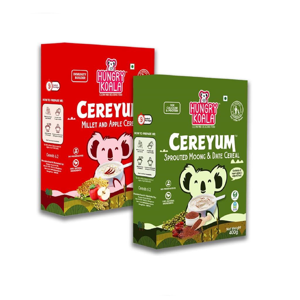 HUNGRY KOALA Cereal Made With Natural Ingridients Millet Apple Sprouted Moong & Dates For Kids To Grow Healthy No Preservative Or Additives Or Maida 200 Grams (Pack Of 2)