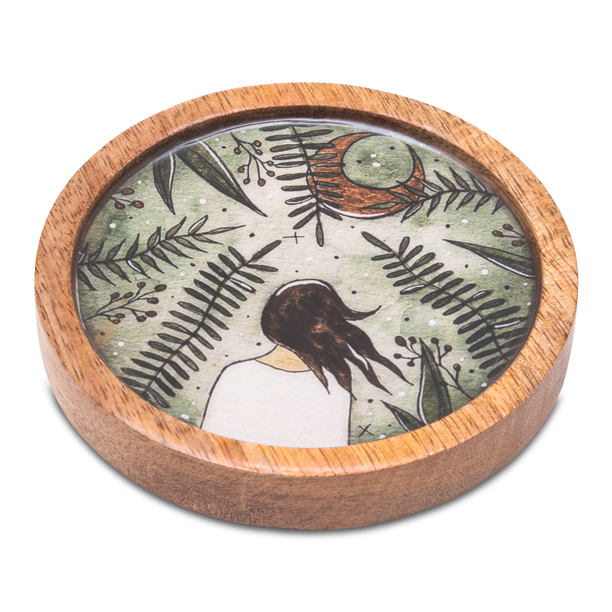 Wooden Round Coasters with Green Girl Print Design Set of 2 view 2