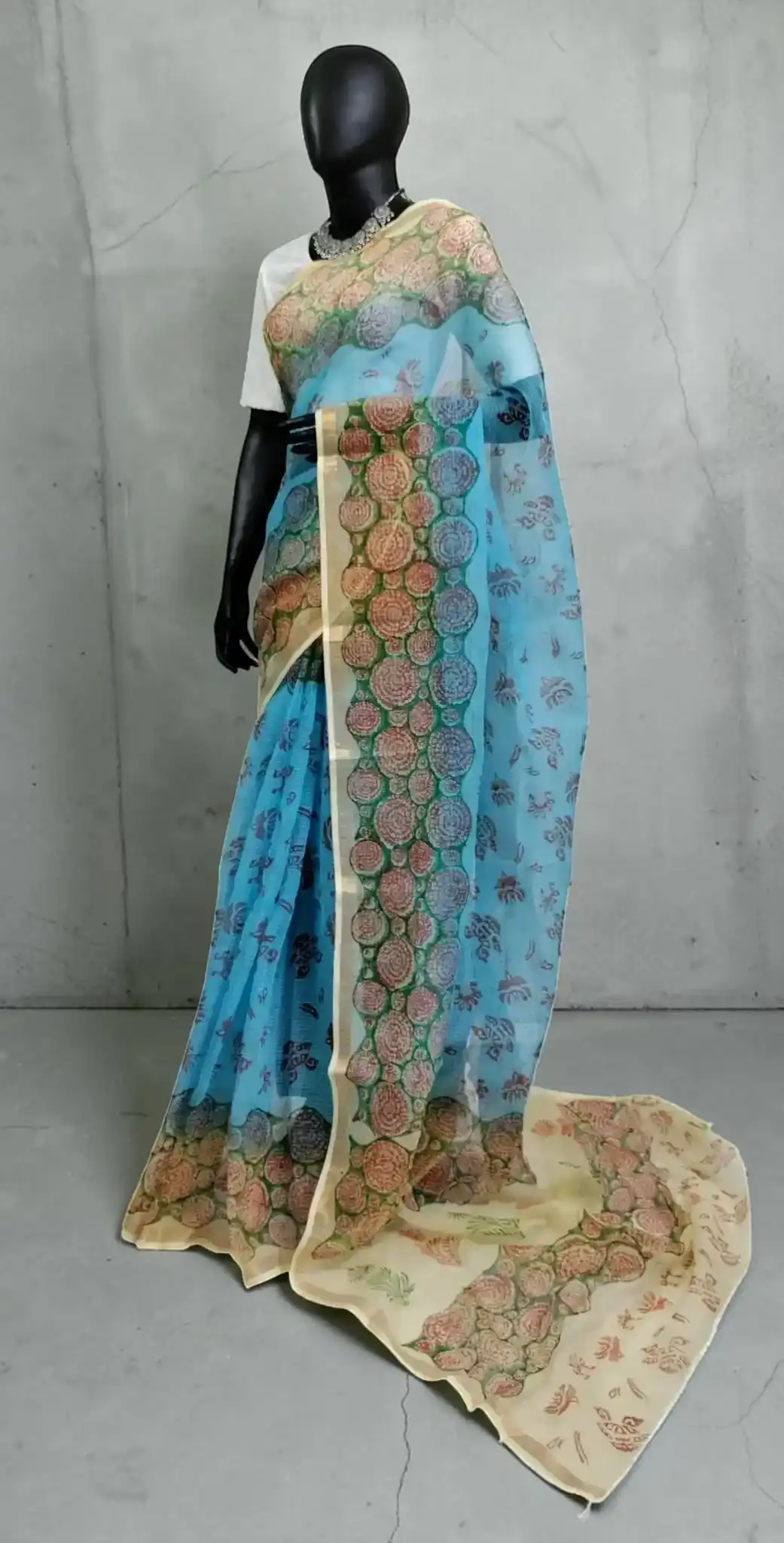 Handwoven Kota Doria Saree in Blue with Block-Printed Border view 2