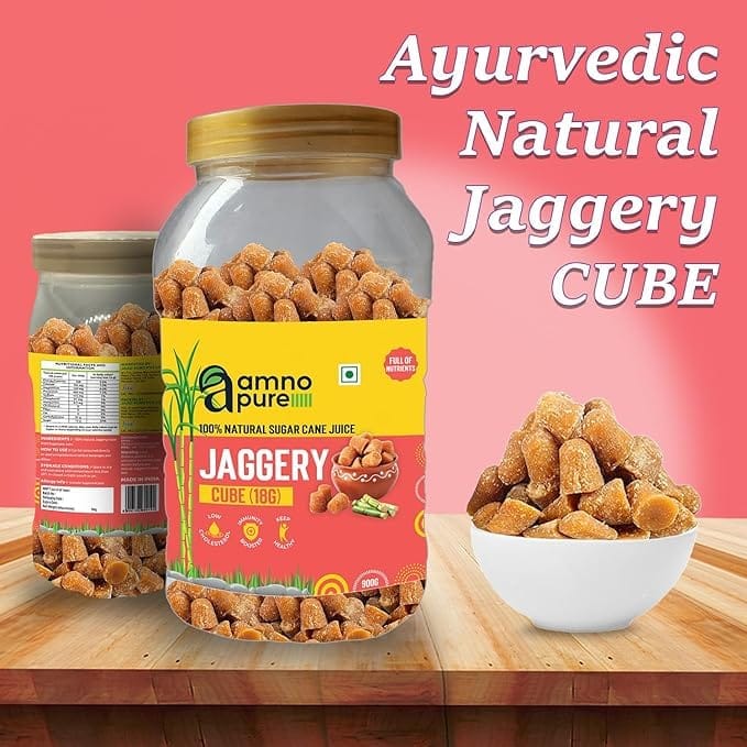 Amno Pure Natural Sugar Cane Jaggery 10G Cube | Cholestrol free, fat free, Full of Nutrients & 100% Natural - 900G Pet Jar view 2