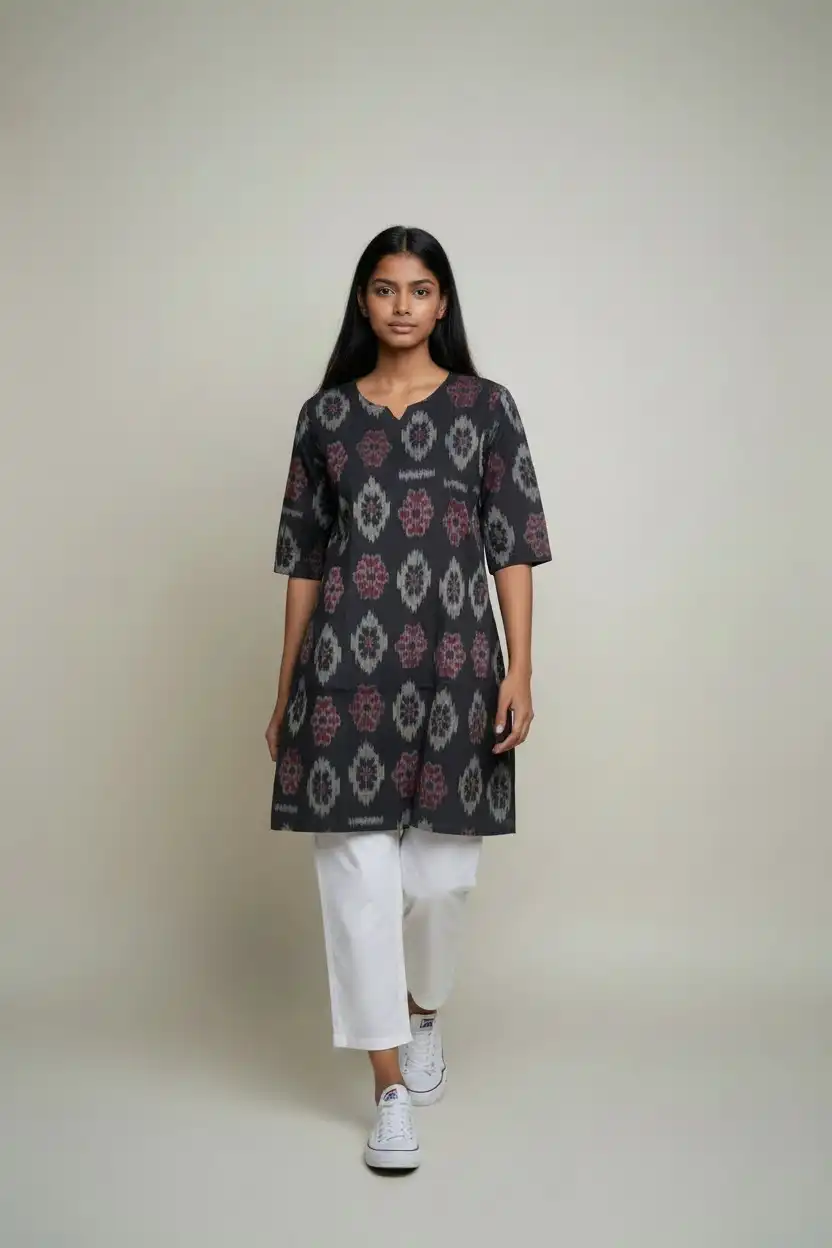 Sambalpuri Ikat Black Maroon Cotton Kurti