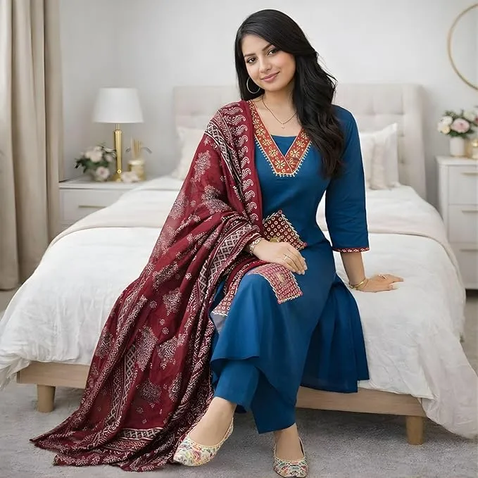 Trendy cotton Women's Kurta Set with Dupatta & Bottom view 2