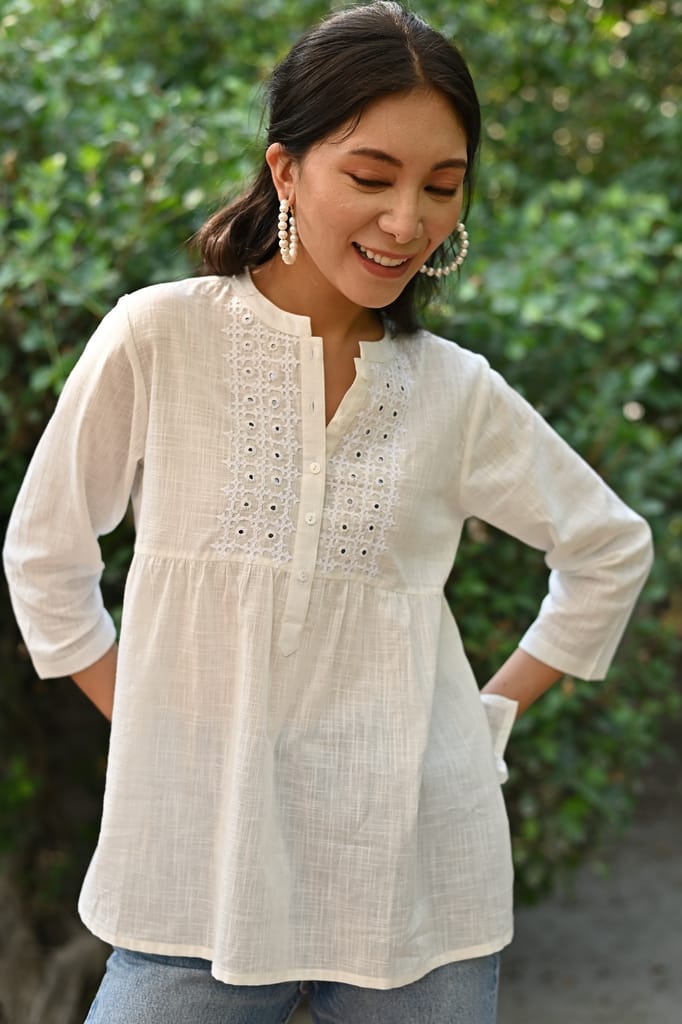 Jasmine Sindhi Hand Embroidered Front Open Cotton Top view 2