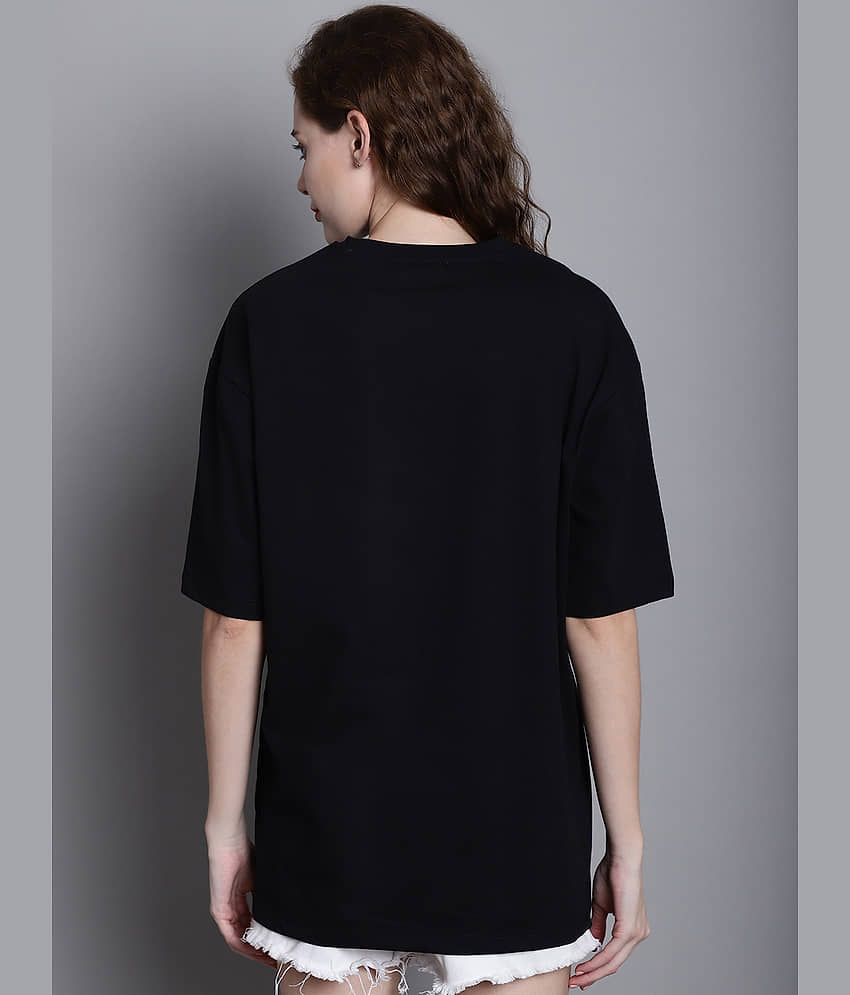 DOOR74 Women Cotton Printed Oversized Fit Round Neck T-Shirt ( Black ) view 2