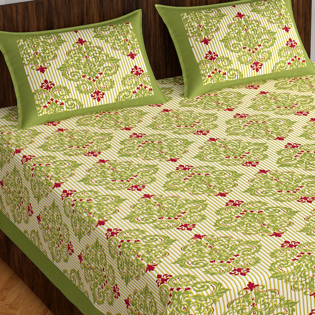 Lali Prints Green White Floral Cotton 130 TC Queen Bedsheet With 2 Pillow Covers view 2