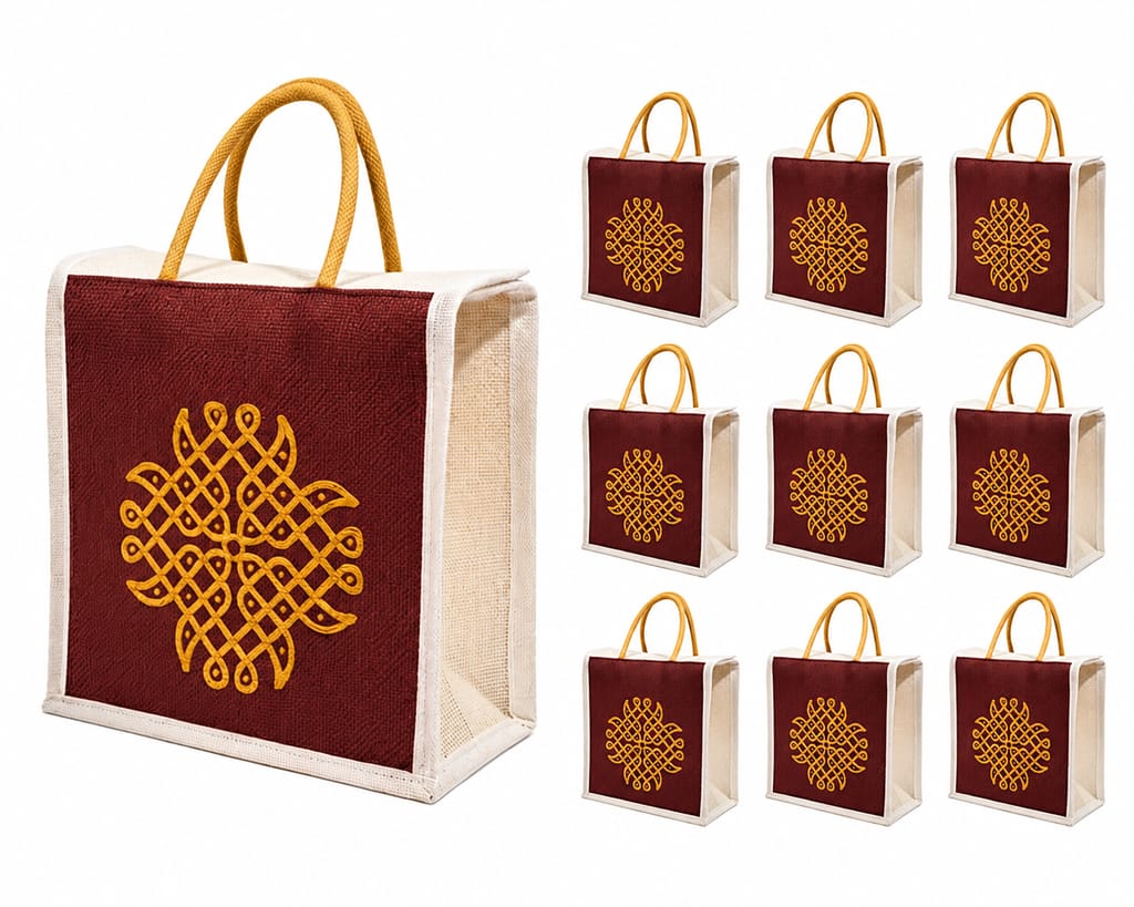 SS Eco-Life Jute Return Gift Bag (Pack of 10) | Traditional Kolam Print Thamboolam Bag for Wedding, Baby Shower, Housewarming & Pooja | 9 x 9 x 5 Inch