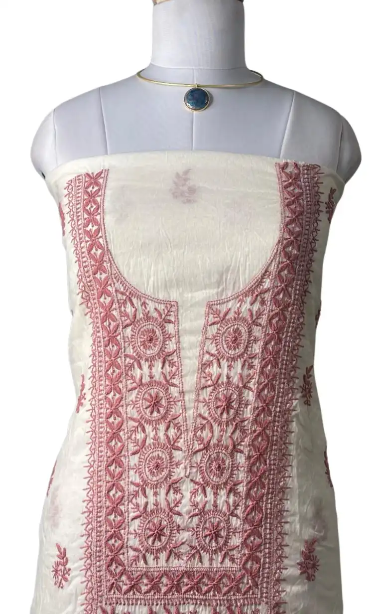 Chikankari Mul Chanderi Dress Material Ivory Rose Red Floral view 2