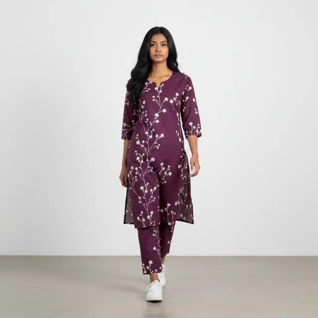 Mangalagiri Cotton Kurti and Pant Set in Mauve Purple, Screen Print