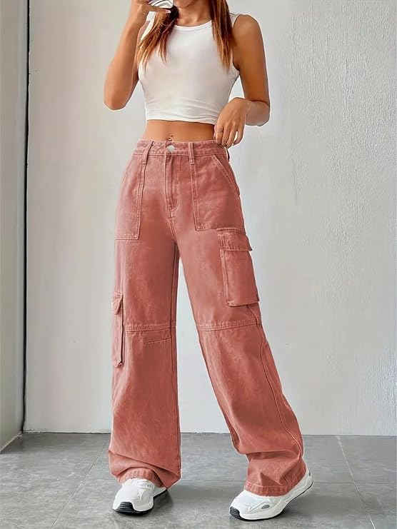 Glossia Fashion Women Cargo Jeans | High Waist Stretchable Wide Leg Straight Fit Denim| Boyfriend Jeans for Women - Orange, 28 view 2