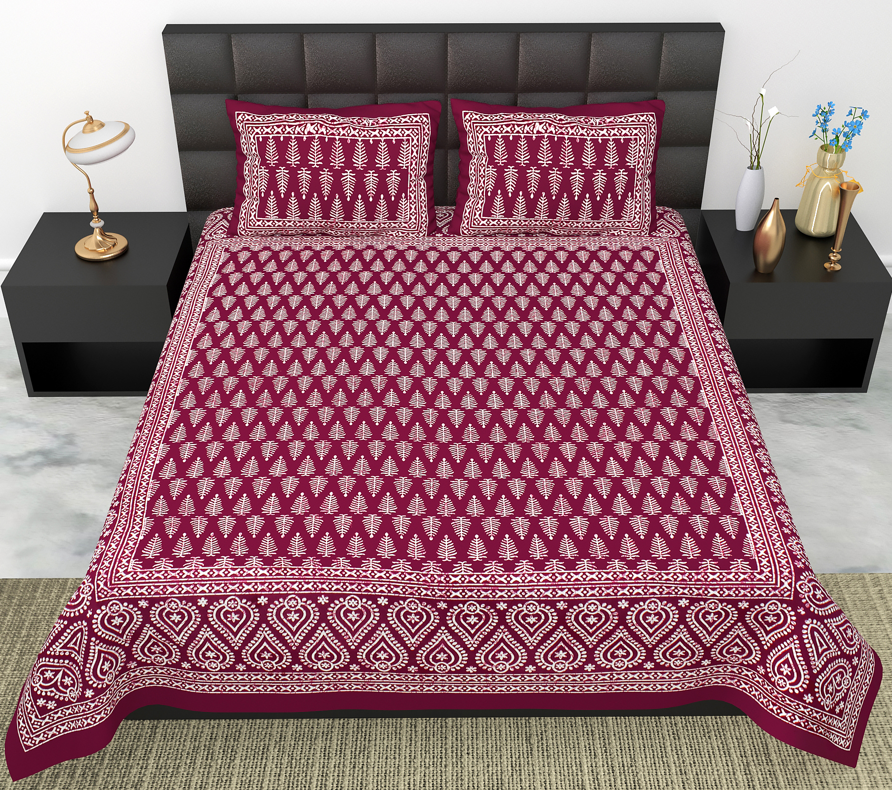Lali Prints Maroon White Printed Cotton 130 TC Queen Bedsheet With 2 Pillow Covers view 2
