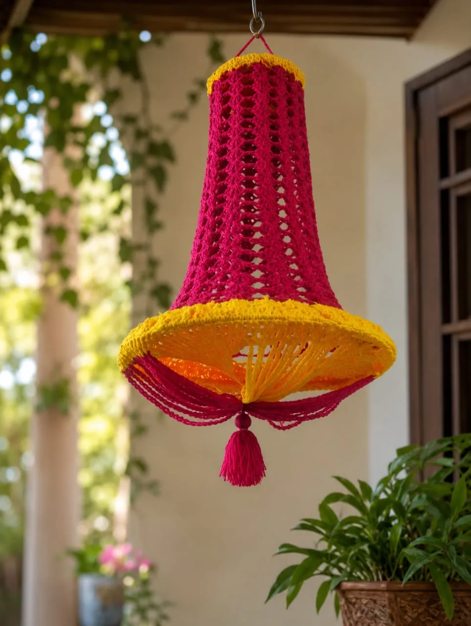 Woolen kandeel lamp pink and yellow colour size 16 inch