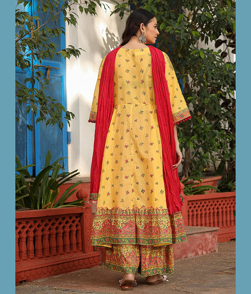 Juniper Women Cotton Printed High Slit Kurti With Palazzo ( Mustard ) view 2