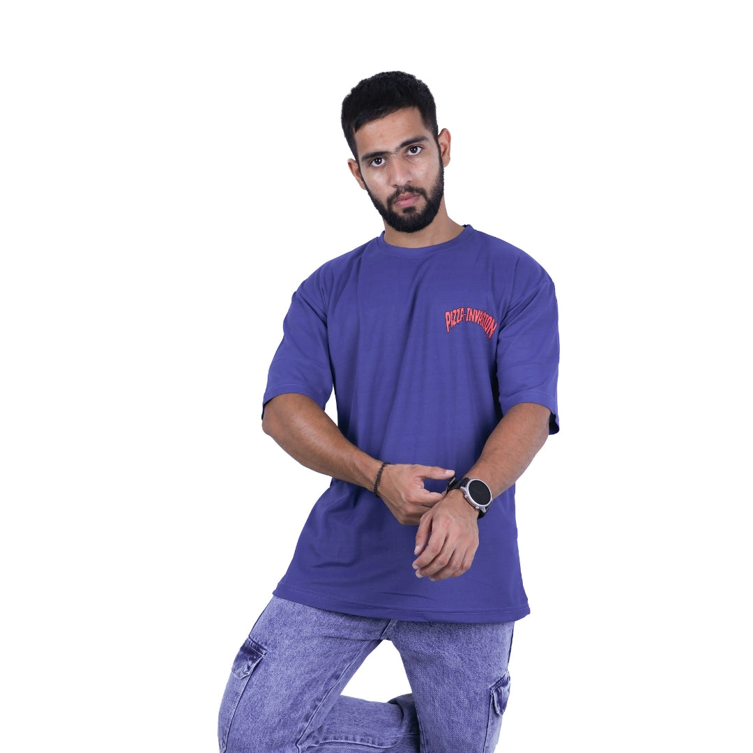 Blue Pizza Invasion Back Print Oversized T-shirt view 2