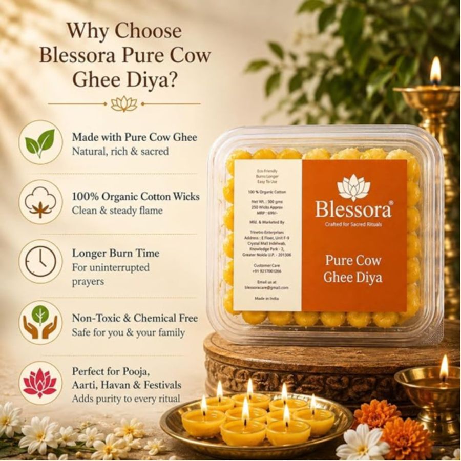 Pure Ghee Cotton Wicks Diya Batti - Ready Ghee Diyas for Pooja | Long Lasting Aarti Use | Temple Daily Worship (250 Pieces) view 2