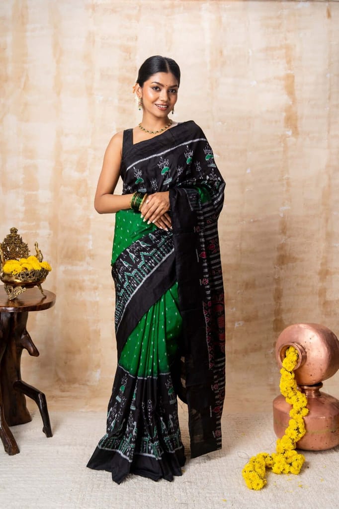 Bottle Green & Black Tribal Fusion Silk Saree