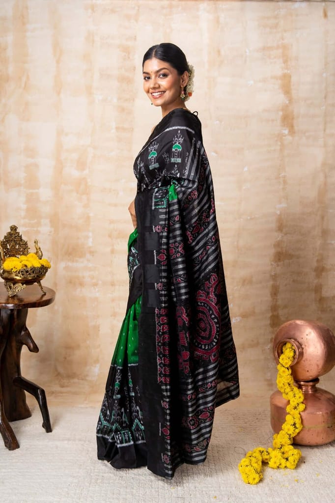 Bottle Green & Black Tribal Fusion Silk Saree view 2