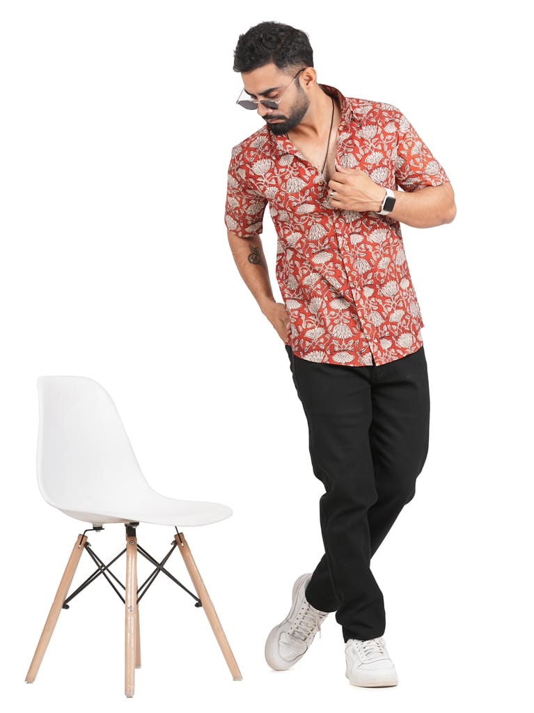 Tribes India Bagru Hand Block Printed Floral Cotton Shirt - Red view 2