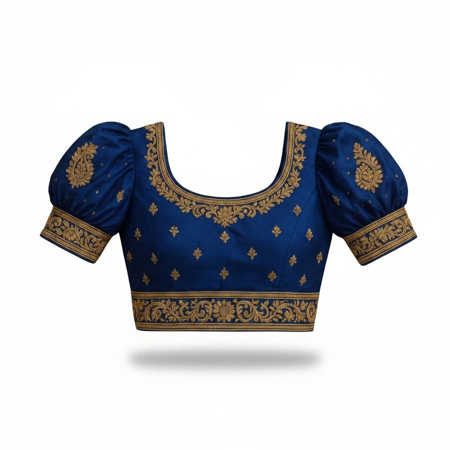 Blue Silk Embroidered Puff Sleeve Blouse view 2