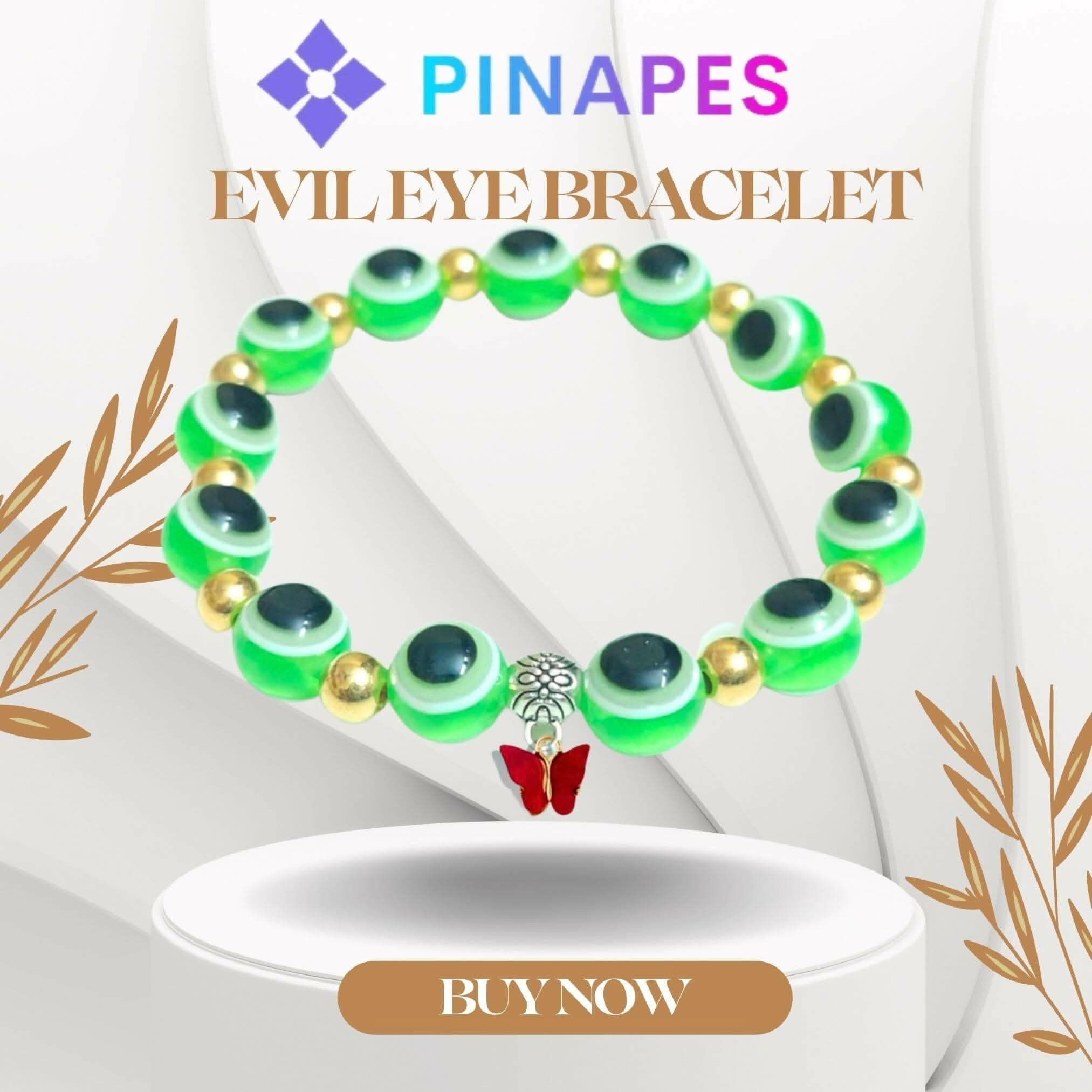 Pinapes Butterfly Beads and Evil Eye Charm Bracelet A Must-Have for Fashionable and Superstitious Women with Red Butterfly - Light Green