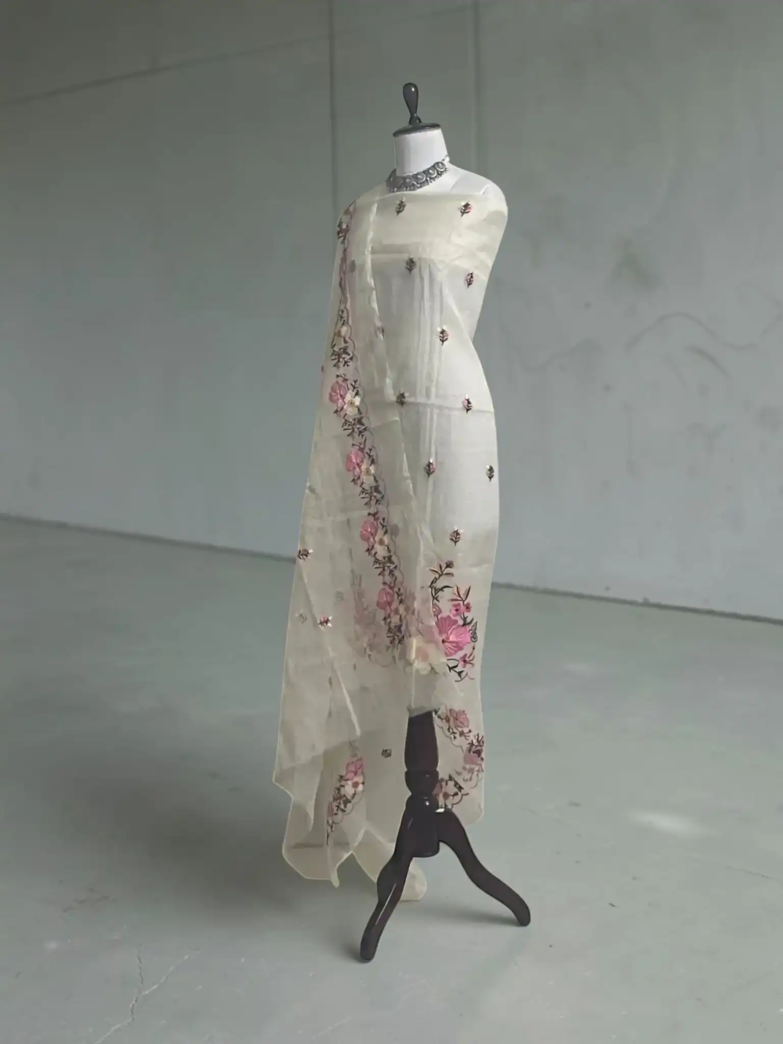Handwoven Kota Doria Cotton Dress Material with Hand-embroidered Dupatta view 2