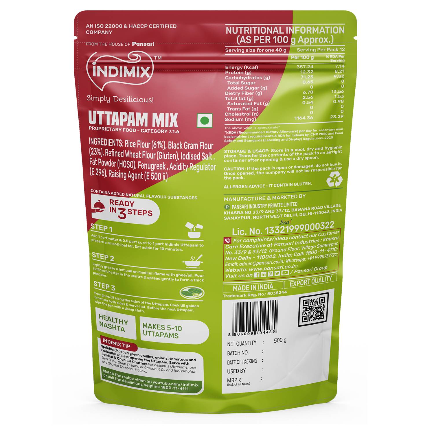 Indimix Ready to Cook Uttapam Mix - 500gm view 2