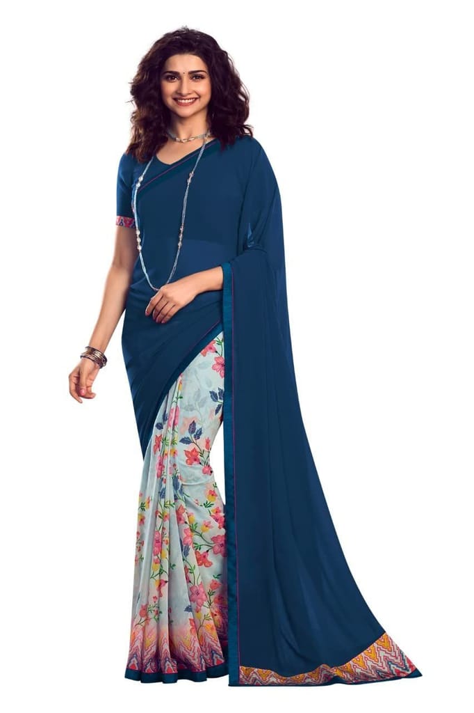 HHK Fashion Women's Printed Georgette 5.5 Meter Saree with Unstitched Blouse Piece