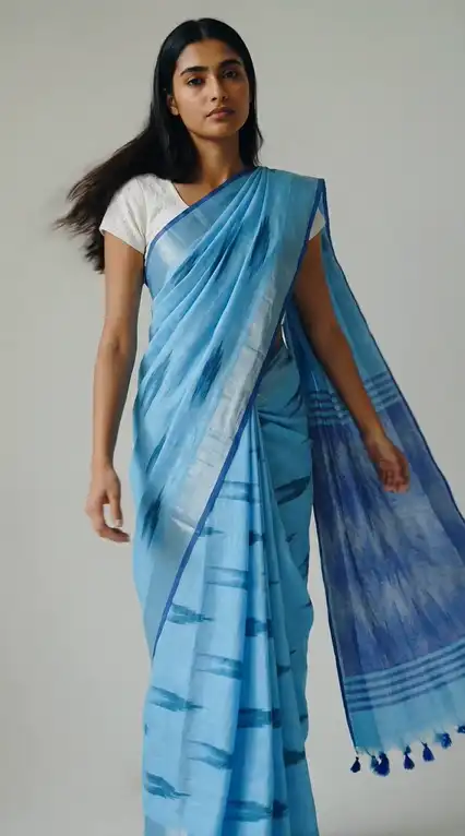 Sambalpuri Ikat Sky Blue Cotton Saree Chevron Indigo Pallu view 2