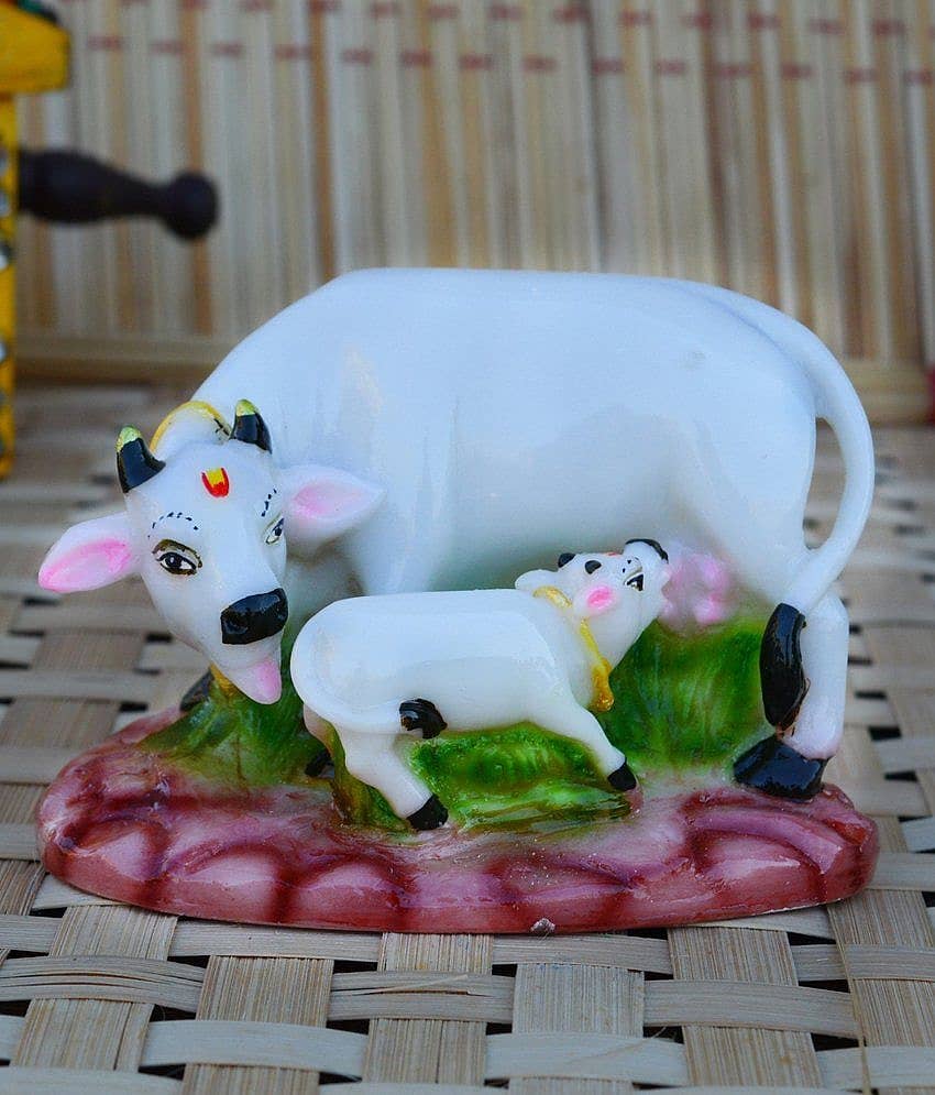 eCraftIndia White & Green Polyresin Cow and Calf Showpiece view 2
