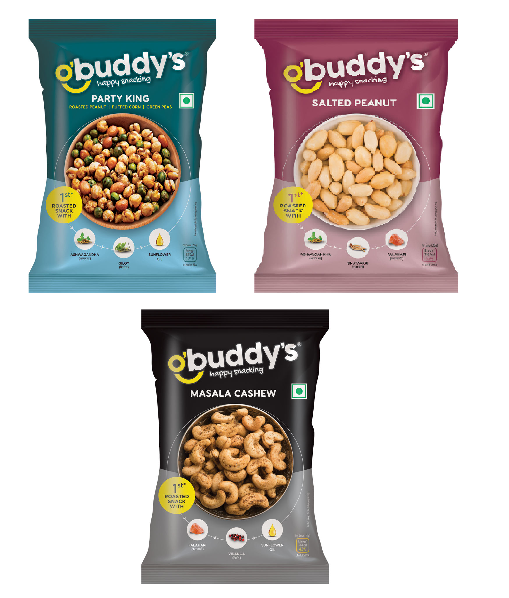 O'buddy's Party King 30 gm, Salted Peanut 30 gm & Masala Cashew 16 gm - Combo Pack of 15 (5 Packs of Each)