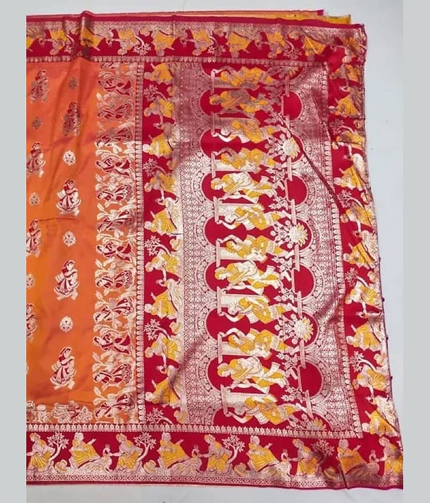 Indesa Art Silk Solid Baluchari Saree With Unstitched Blouse Piece ( Orange ) view 2