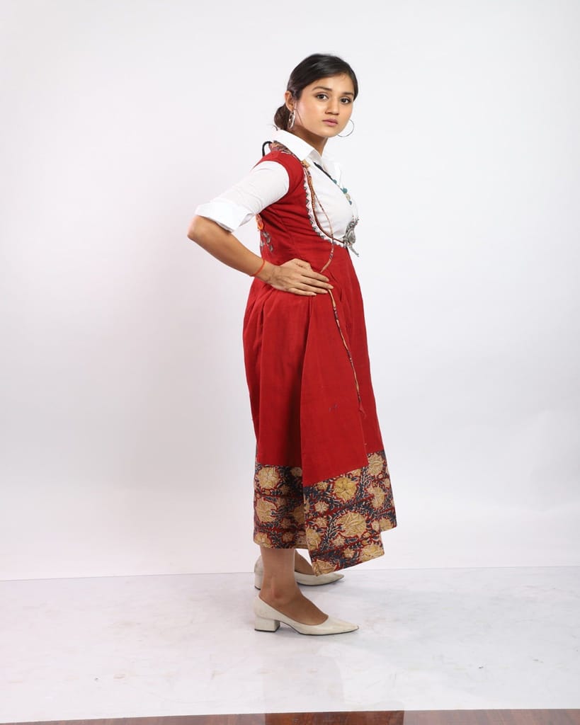 Red Long Frock Style Handwoven Cotton Kurti With Kalamkari view 2