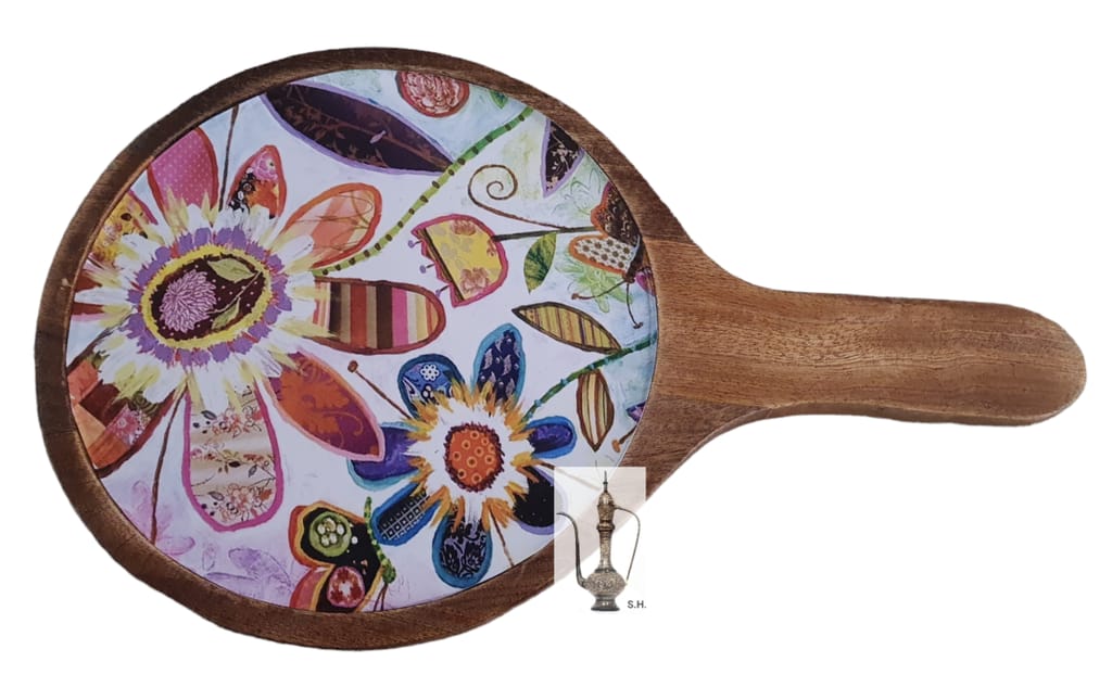 Sara Home Mango Wood Serving Pizza Platter/Chipdip/Dosa/Chees/Snacks Tray Printed Enamel Serving Platter with Handle Appetizer Plate Serving Platter