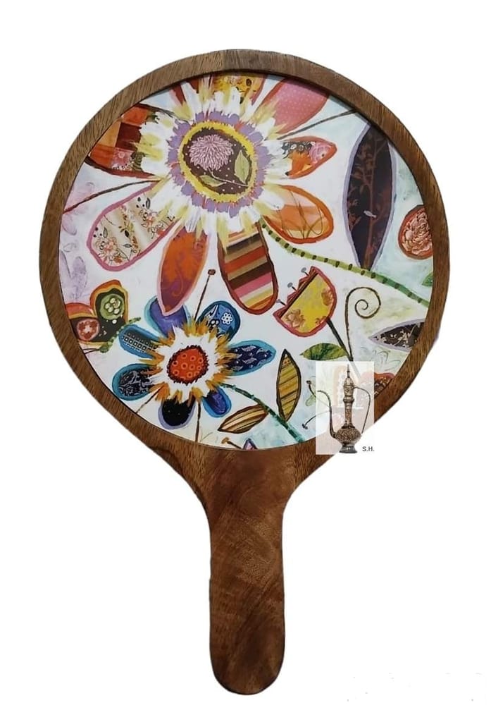 Sara Home Mango Wood Serving Pizza Platter/Chipdip/Dosa/Chees/Snacks Tray Printed Enamel Serving Platter with Handle Appetizer Plate Serving Platter view 2