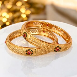 18k One Gram Gold Plated Traditional Designer Pack of 2 Bangle Set For Women view 2