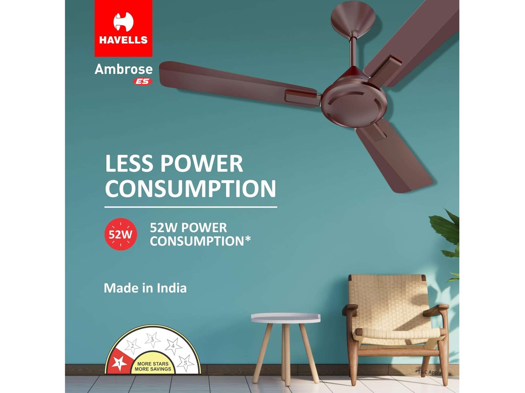 Havells Ambrose 1200mm Energy-Saving High-Speed Ceiling Fan, Cola Espresso - Cola Espresso Brown view 2