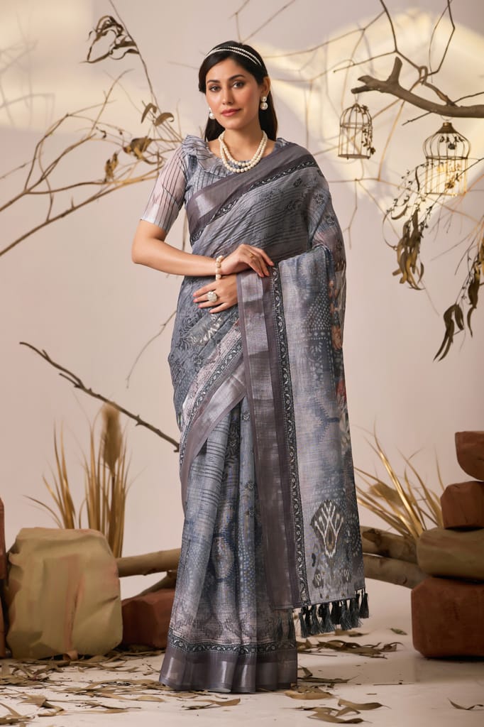 Women's Slate Grey Digital Print Poly Silk Saree with Tassels