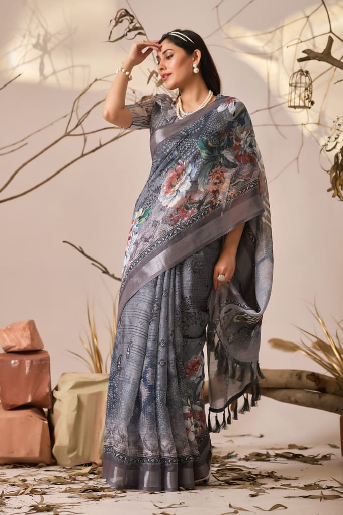 Women's Slate Grey Digital Print Poly Silk Saree with Tassels view 2