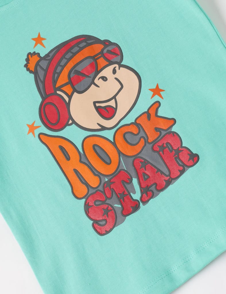 Boys T shirt Cotton Biscay Green Rock Star view 2