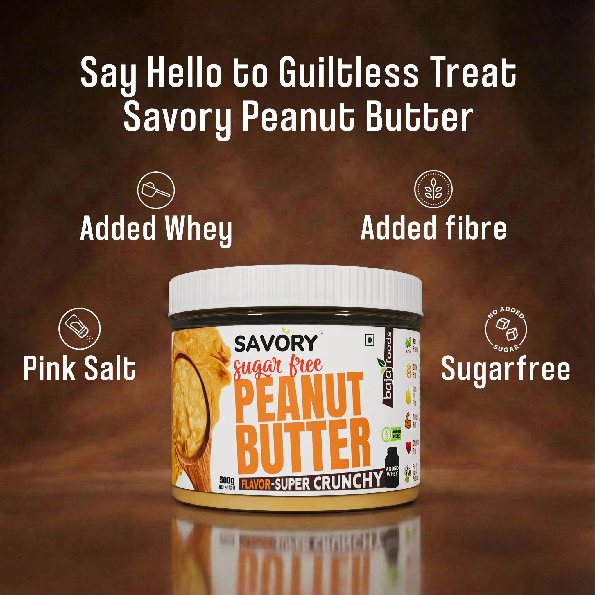 SAVORY Super Crunchy Peanut Butter (Sugar-Free) with Added Whey | High in Protein | No Added Sugar, Energy Booster, Gluten-Free & Keto Friendly | Cholesterol & Trans-fat Free | Healthy Protein Rich Spread (900g) view 2