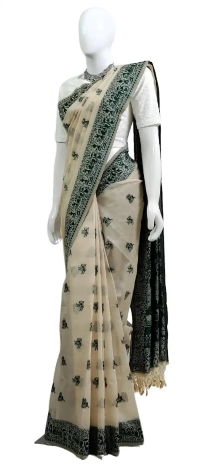 Saura Art Cotton Saree Cream Green Dancing Figure Buti view 2